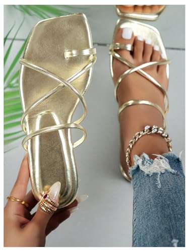 Image of GORGLITTER Women's Metallic Strappy Sparkly Square Toe Cute Dressy Sandals | Sandals Women Comfortable, Dressy Sandals, Slip on Slides, Rose Gold Slipper, Summer Slides