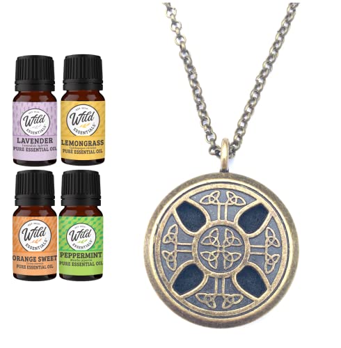 Wild Essentials Celtic Cross Aged Brass Necklace Essential Oil Diffuser Kit, Lavender, Lemongrass, Peppermint, Orange Oils, 12 Pads, Calming Aromatherapy Gift Set, Customizable Color Changing, Perfume