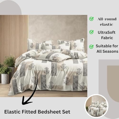 Image of 400 TC Cotton Feel Fully Elastic Fitted Bedsheet Queen Size Set || Includes 1 Elastic Bedsheet for Queen Size Double Bed with 2 Pillow Covers (60 inch x 78 inch inches, Beige)