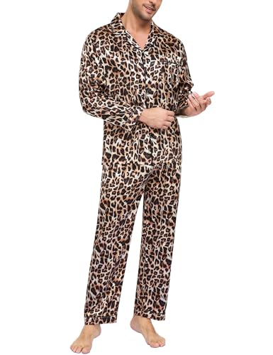 Image of SWOMOG Mens Silk Satin Pajamas Set Long Sleeve Sleepwear Button-Down Pj Two-piece Loungewear with Long Pants S-XXL