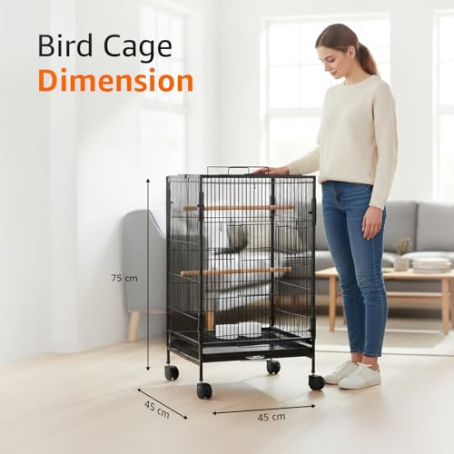 Image of Amazon Basics 30-Inch Metal Bird Cage with Gate | Feeders, Wooden Perches & Tray | Ideal for Lovebirds, Parrots & Small Birds | 3 Levels| Black