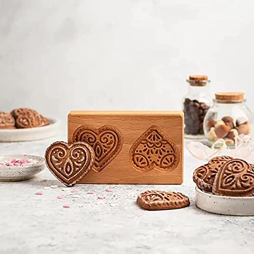 Wooden Cookie Mold - Carved Biscuit Baking Cutter, Embossing Press For Gingerbread, Diy Kitchen Tools (Heart)
