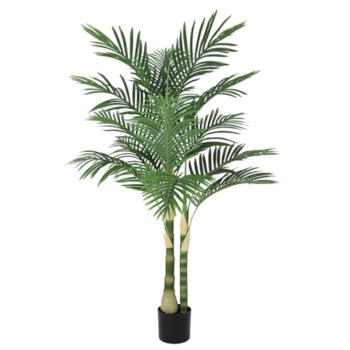 Image of Nafresh 5ft Ultra-Full UV Resistant Fake Golden Cane Palm Tree with Double Trunks, 60in Tall Artificial Palm Tree Indoor Outdoor, Faux Palm Plant for Living Room Home Office Patio Garden Decor