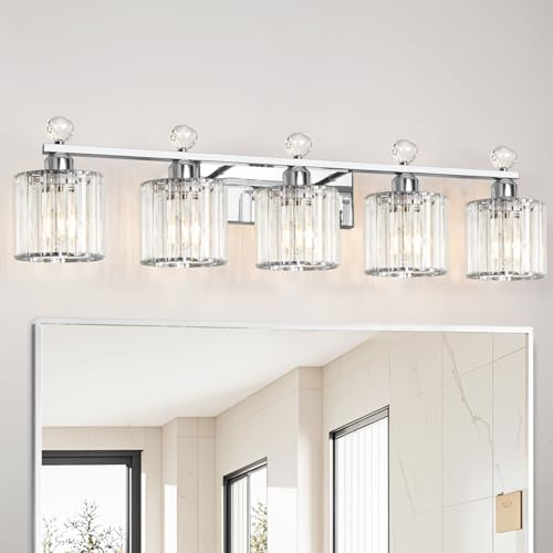Image of Lxybcce 5 Light Bathroom Vanity Light, Modern Crystal Bathroom Ligth Fixture, Chrome Vanity Lights, Light Fixtures Above Mirror, Wall Lamp for Mirror Living Room Cabinet Bedroom Porch