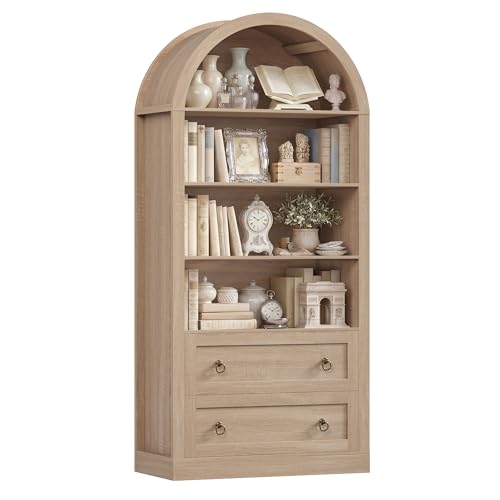 FirFurd Bibliotheque Meuble de Rangment avec 2 Tiroirs 4 Etagère Bibliotheque Livre en Forme d'arc Bibliotheques pour Salon Bureau Cuisine 177x79,5x36cm Chêne