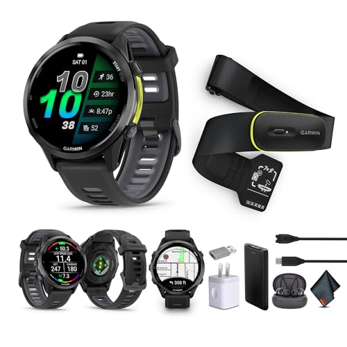 Garmin Forerunner 970 Running Smartwatch, GPS Fitness Watch for Men and Women, Carbon Gray DLC Titanium with Black Case/Translucent Whitestone Band​​ + Access 600 Fitness Monitor, M-XL​ + More