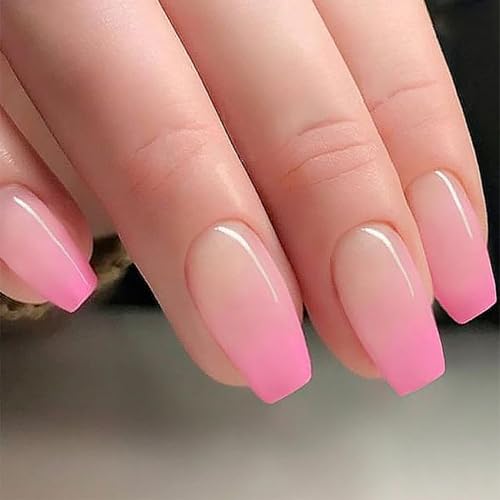 Image of Short Press on Nails Pink Ombre Fake Nails Short Coffin Glue on Nails Glossy False Nail French Tip Stick on Nail Nature Reusable Artificial Acrylic Full Cover Nail for Women Manicure 24Pcs