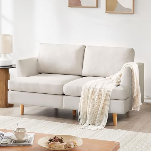 BFD Small Loveseat Sofa Couch, 65″ Mid Century Modern Love Seat Couches for Living Room, Extra Deep 2-Seat Small Sofa Furniture for Small Spaces Apartment, Dorm, Office, Beige