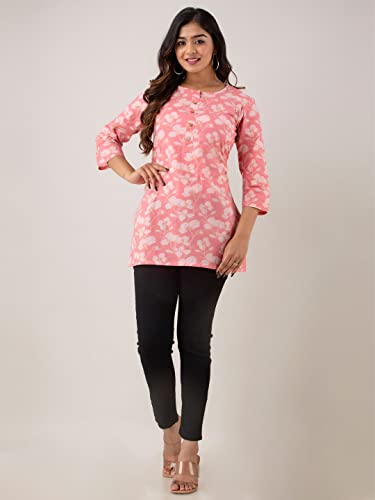Image of feranoid Women Cotton Printed Straight Short Kurti (Pink)