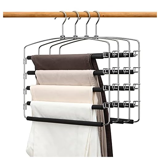 Clothes Pants Slack Hangers 5 Layers Non Slip Closet Storage Organizer Space Saving Hanger with Foam Padded Swing Arm for Pants Jeans Scarf Trousers Skirts (Updated Version-4pcs Black)