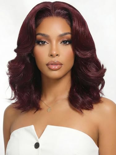 Image of KLAIYI Black Cherry Loose Body Wave Bye Bye Knots Glueless Wig 7x5Precut Lace Front Wigs Human Hair Drawstring Pre Plucked Bleached 30S Ready to Wear and Go Wig with Face Framing Bangs Burgundy 14Inch