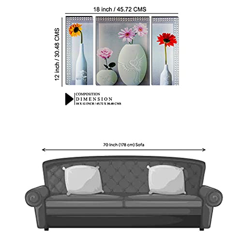 Image of Indianara Set of 3 Red, Pink & Yellow Flowers MDF Art Painting (564FL) without glass 4.5 X 12, 9 X 12, 4.5 X 12 INCH