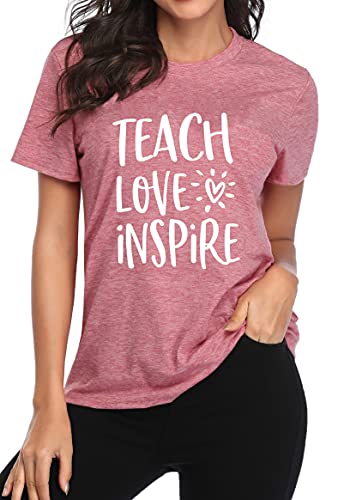 Teacher T-Shirt Summer Teacher Gift Teach Inspire Shirt Womens Inspirational Tees Tops (Pink,S)
