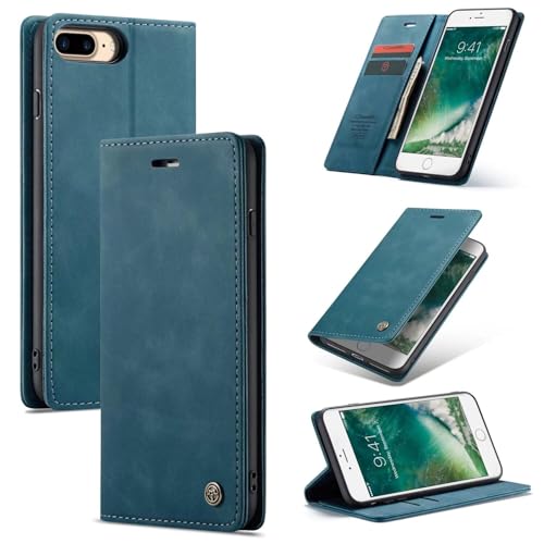 SLWYF Handyhülle für iPhone 6 Plus/iPhone 7/8 Plus Hülle Premium Lederhülle Klappbar Flip Hülle Tasche Magnet Kartenfach Standfunktion Klapphülle Schutzhülle für iPhone 6 Plus/7/8 Plus, Blaugrün