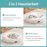 COZY KISS Katzenbett mit Decke 58x58x15cm - Flauschige Mittlere Katzenhöhle - Kissen, Runde kleine Hundebett mit Rutschfester Unterseite, Katzensofa mit Kopfstütze aus Kunstfell, Waschbares, Creme