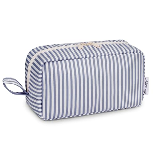 Image of Narwey Cute Makeup Bag Small Toiletry Bag Travel Cosmetic Bag Organizer Make Up Bags with Organized Pockets for Women (Greyish Blue Stripe, Large)