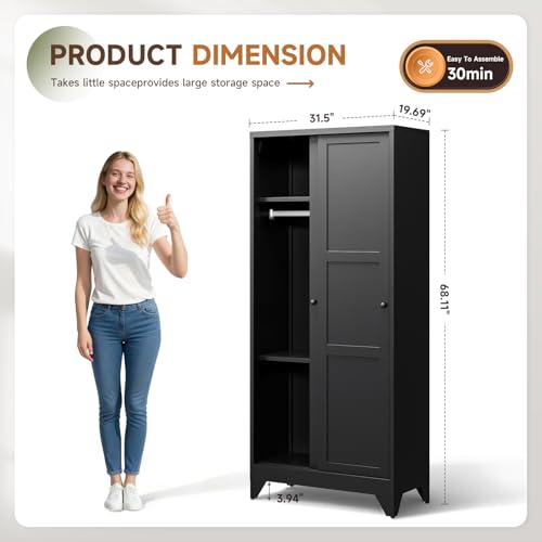 Image of Letaya Armoire Wardrobe Closet,20 inch Deep Armoire Wardrobe Cabinets with Sliding Doors and Shelves,Narrow Slim Coat Closet Cabinet with Hanging Rod for Home(Black)