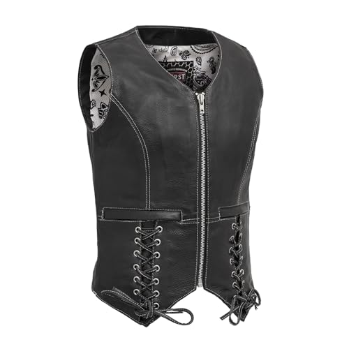 First Mfg Co - Love Lace - Womens Motorcycle Biker Riding Black Leather Vest - Large - Adjustable Lacing