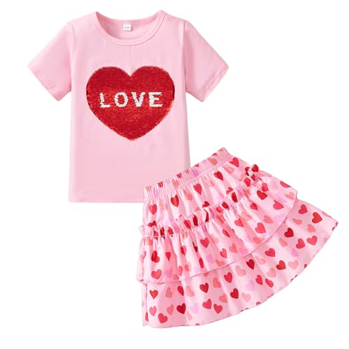 Image of Little Girls Skirt Set - 2 Piece Short Sleeve Top Shirred Tiered Skirt Outfit Girls Spring Summer Clothes 3-8 Years