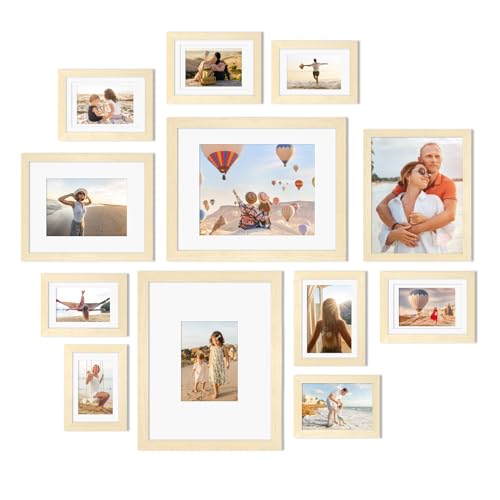 Egofine Picture Frame Set 12 Pack Picture Frames Collage Wall Decor with Two 11x14 Two 8x10 Four 5x7 Four 4x6 for Wall and Tabletop Made of Solid Wood Covered by Plexiglass Natural Wood