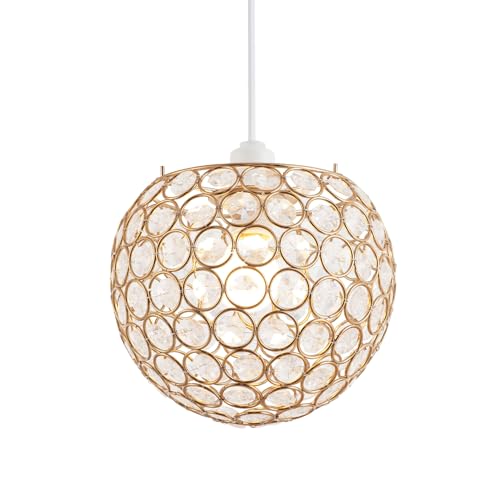 Modern Round Gold Globe Easy Fit Pendant Shade with Small Transparent Acrylic Bead Jewels | 18cm Diameter | 60w Maximum | Simple Installation by Happy Homewares