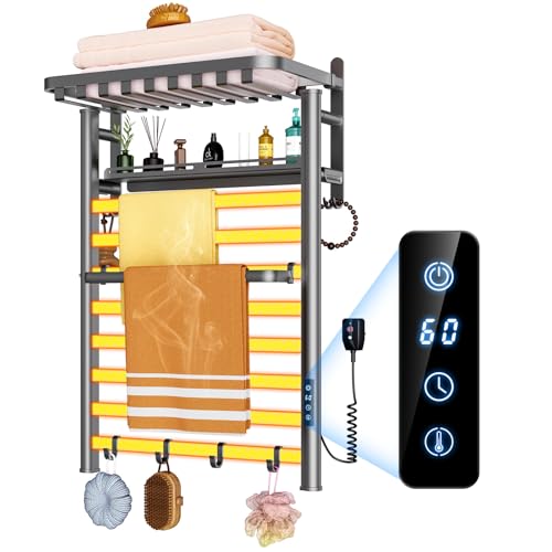 Towel Warmer Rack, Waterproof Aluminum Towel Warmers for Bathroom -8 Bars Wall Mounted Heated Towel Rack with Intelligent Touch Screen Timer,Support Plug-in and Hardwired (Grey, 8-Rod Heating)