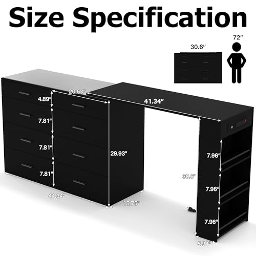 Image of Black Vanity Glass Top with LED Lights,Makeup Vanity Desk with Power Outlets,Corner Vanity with 8 Drawers and 3 Open Storage Shelves,Extendable Modern Dressing Table