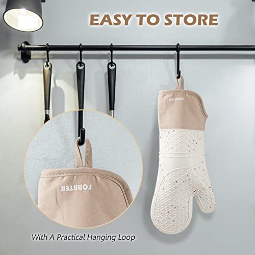 Extra Long Silicone Oven Mitts - Heat Resistant up to 500°F, 15'' Waterproof and Non-Slip Oven Gloves with Soft Quilted Liner - Perfect for BBQ, Cooking, Baking, and Grilling - 1 Pair, White