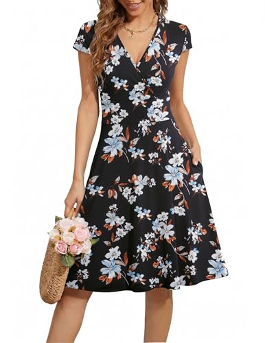 Beyove Vestido de verano para mujer, largo hasta la rodilla, cuello en V, vestido de flores, línea A, manga corta, vestido de jersey, floral, verano, vestido de playa, Flores negras y azules, XL
