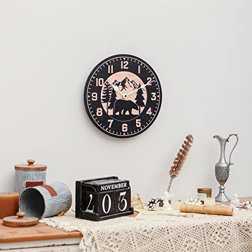 Nikky Home 12" Cabin Wall Clock Farmhouse Wood Bear Clock Battery Operated Silent Non-Ticking Rustic Clock Mountain Forest Decor Decorative For Home, Kitchen, Living Room, Bedroom, Office #TOP1