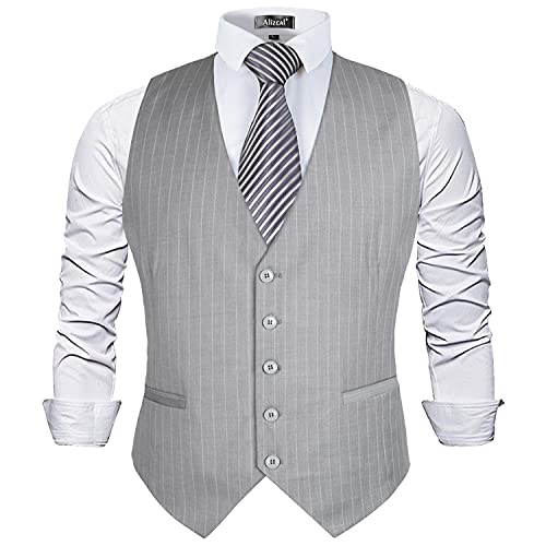 Image of Alizeal Mens Pinstripe Business Vest Formal Fit | V-Neck Bollar 5-Button Front Waistcoat for Suit Tuxedo and Formal Events