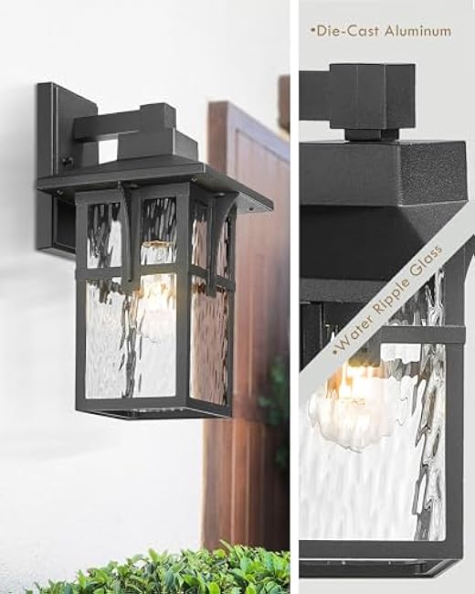 Outdoor Light Fixtures Wall Mount, HWH Outdoor Wall Lantern with Water Ripple Glass, 1-Light Porch Light in Matte Black Finish, Patio Balcony Indoor, 5HX62B-SW BK