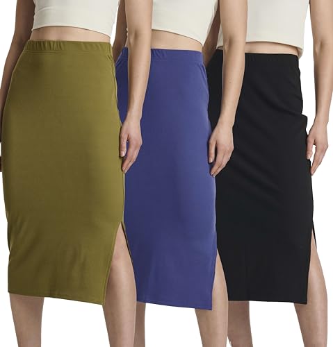 Real Essentials 3 Pack: Women's Midi Ribbed Knit Skirt with