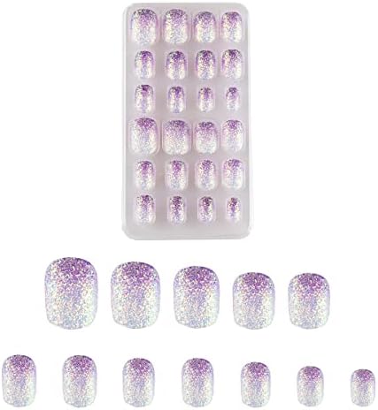 24 Pcs Gradient Purple Kids Press on Nails Pre-glue Children False Nails Short Oval Full Cover Artificial Fake Nails Holo Glitter Acrylic Nail Tips for Little Girls Gift