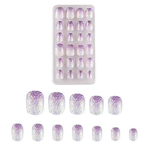24 Pcs Gradient Purple Kids Press On Nails Pre-Glue Children False Nails Short Oval Full Cover Artificial Fake Nails Holo Glitter Acrylic Nail Tips For Little Girls Gift #TOP2