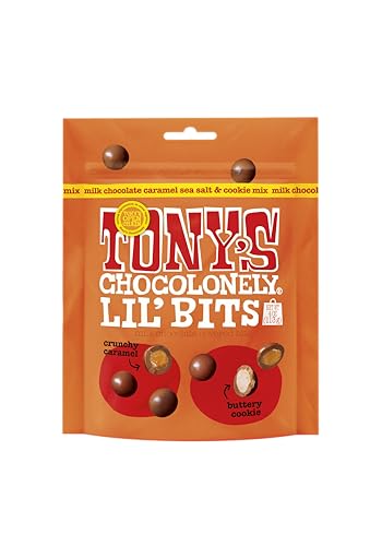 Tony’s Chocolonely Belgian Milk Chocolate Caramel Sea Salt & Cookie Mix Lil’ Bits Candy Pieces for Snacks, Gifts, or Gift Basket, Made From Quality Fairtrade Cocoa, 1 Pouch, 4 Oz