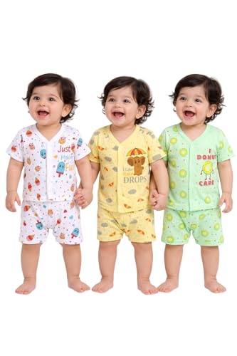Image of Chandrika Baby Boys & Girls Regular Fit 100% Cotton Half Sleeve Jhabla & Shorts Set Pack of 3