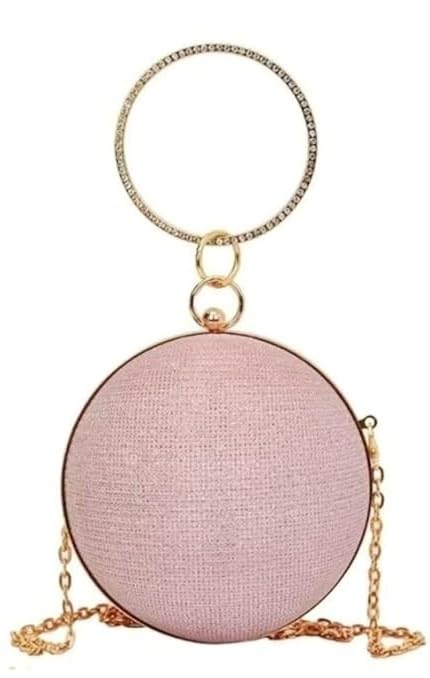 Bolsa Social Redonda Clutch Esfera Elegante, Prata, Rosè e Dourada Brilhante, Alça de Corrente 14x14x14cm, Com Bracelete de Cristal Bolsa de Mão, Detalhe em Strass (Rosè Brilhosa)