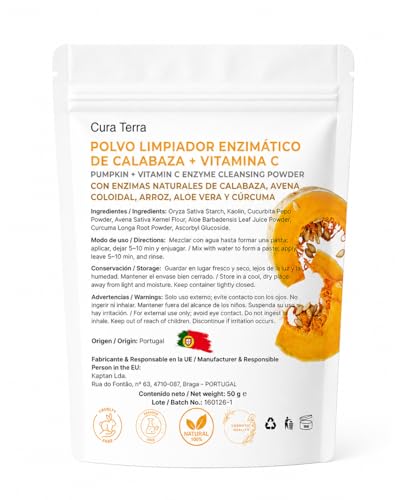 Pumpkin + Vitamina C – Polvo Limpiador Enzimático Facial | Exfoliante Suave Iluminador | Con Calabaza, Kaolín ultra fino, Avena Coloidal, Aloe Vera y Cúrcuma | Natural & Vegano – 50 g