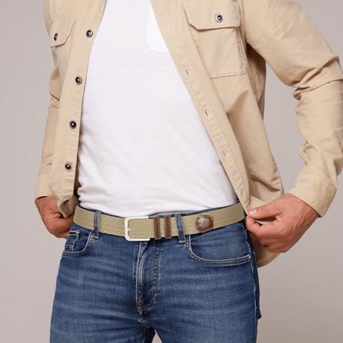 Cinto elástico masculino trançado elástico cinto de golfe para jeans, Fivela cáqui e café, Fit Waist