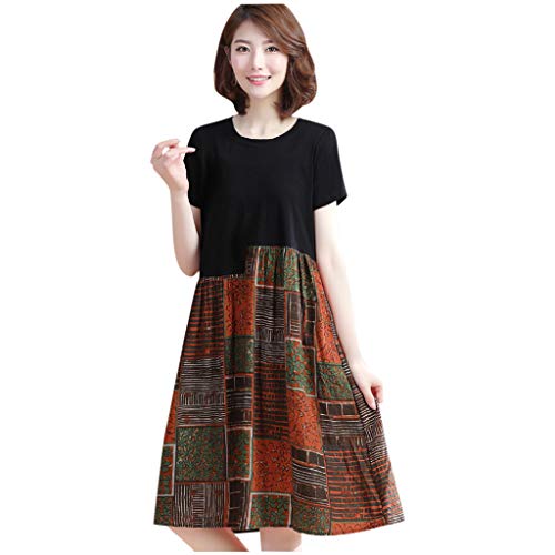 Women Dress,Evansamp Casual O-Neck Short Sleeve Long Dress Printed Patchwork A-line Dress(Red,XXL)