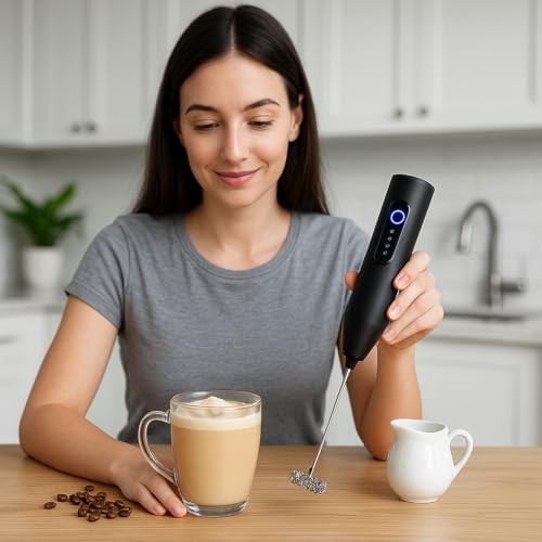 Image of Bonsenkitchen Electric Milk Frother Handheld Drink Mixer,Milk Foam Maker for Bulletproof Coffee,Stainless Steel Whisk Battery Operated Coffee Frother,Stainless Steel Stand Include (asorted Pack 2)