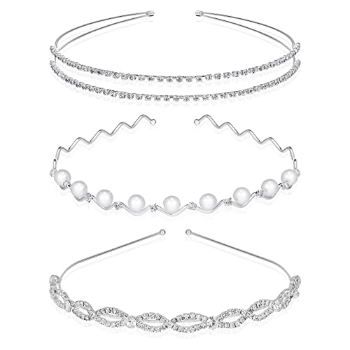 FANTESI 3 STÜCKE Hochzeit Stirnband, Faux Perle Strass Haarband Silberne Braut Stirnbänder Haarkrone Tiara Haarbänder für Hochzeit Braut Brautjungfern Cover