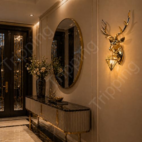 Image of TRIPPING Luxury Golden Deer Head Wall Lamp with Diamond Hanging Light: Premium Metal Decorative Wall Fixture, Warm Ambient Lighting, Statement Wall Mounted Lighting for Living Room Bedroom