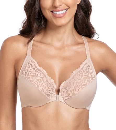 Lemorosy Sujetador de Encaje Cierre Delantero Copa Completa con Aros para Mujer Tallas Grandes Hermosa Espalda (Beige,110D)
