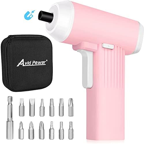 AVID POWER Mini Cordless Electric Screwdriver Set 4V Rechargeable Screw Gun Kit with Canvas Bag, 12 Bits and USB Cable, LED light (Pink)