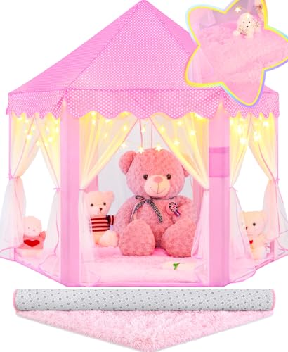 EVOIONOS Princess Tent with Lights, Rug & Play Mat, Pink