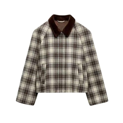 Chevara Women’s Cropped Plaid Jacket Vintage Lapel Collar Long Sleeve Zip Up Outerwear Coat with Pockets
