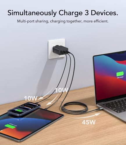 65W USB C Ladegerät, 3Port USB Schnellladegerät mit Ladekabel 2M,USB C Netzteil für MacBook Air Pro M1/M2,iPhone 17 Pro Max/16/15/14/13,Switch,Galaxy S24 Ultra/S23/S22,Tablet,Laptop,Handys usw