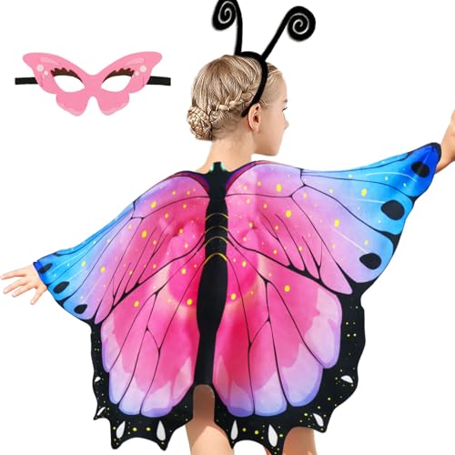 iROLEWIN Toddler Kids-Butterfly-Wings-Costume for Girls-Dress-up Mask Headband, Butterfly Dress Up Wings Halloween Party Favors (Pink)
